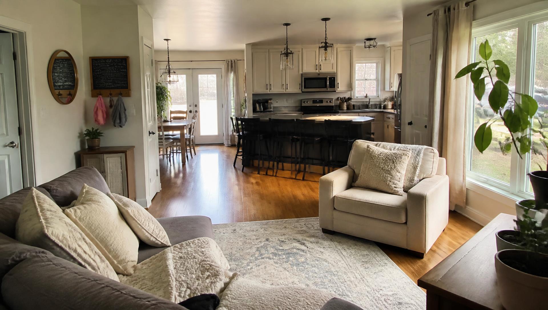 Sunlit living room opening onto a tidy kitchen in a central Illinois home